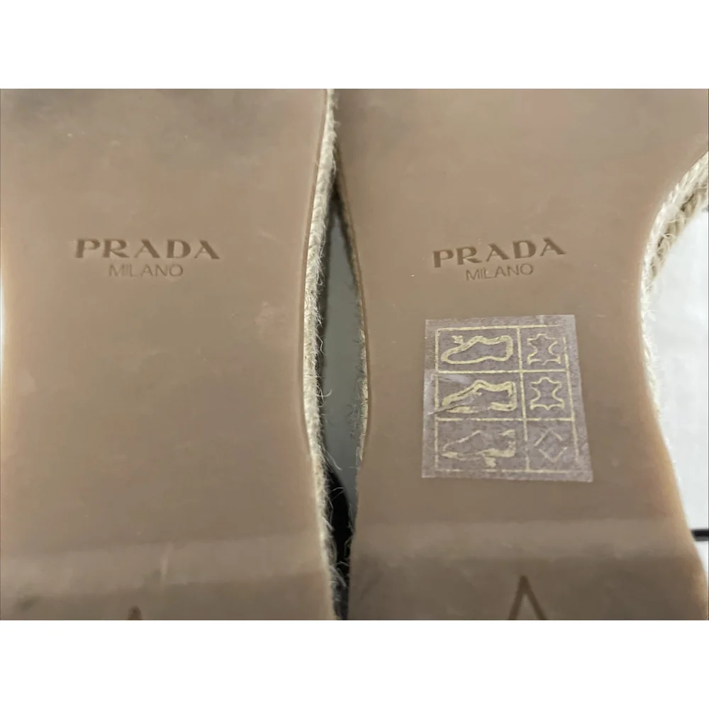 Prada Black Leather Ankle Strap Wedge Sandal 38 US 7.5 Goldtone Insole Open Toe